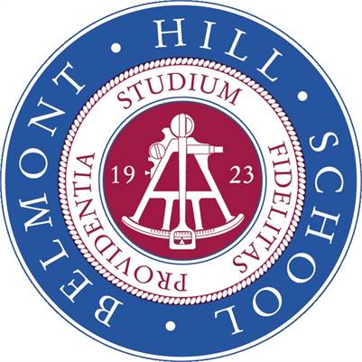 The Belmont Hill School seal features a blue outer ring with white text, and a red and white inner circle displaying a sextant, the year 1923, and Latin words: Studium, Fidelitas, and Prudentia.
