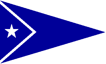 A blue triangular pennant with a white border along the left edge, a white five-pointed star near the hoist, and a white chevron pointing right, all on a gray background.