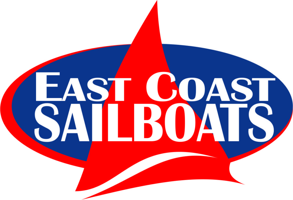 Logo for 'East Coast Sailboats' featuring a red sailboat shape with a white wave, set against a blue oval background. The company name is written in bold white letters across the sail and oval.