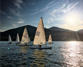 Several small sailboats with white sails glide across a sunlit lake, with rolling hills and a bright, partly cloudy sky in the background. The sunlight reflects off the water, creating a peaceful scene.