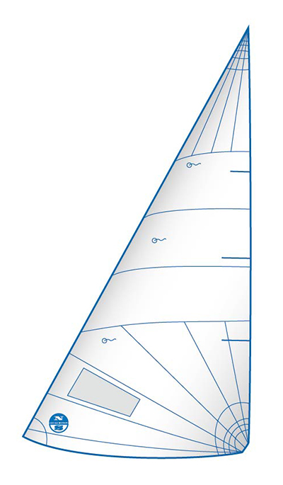 A diagram of a white sail with blue outlines, showing panels, seams, and reinforcements typical of a triangular sail used on sailboats. A small logo is visible in the lower left corner of the sail.