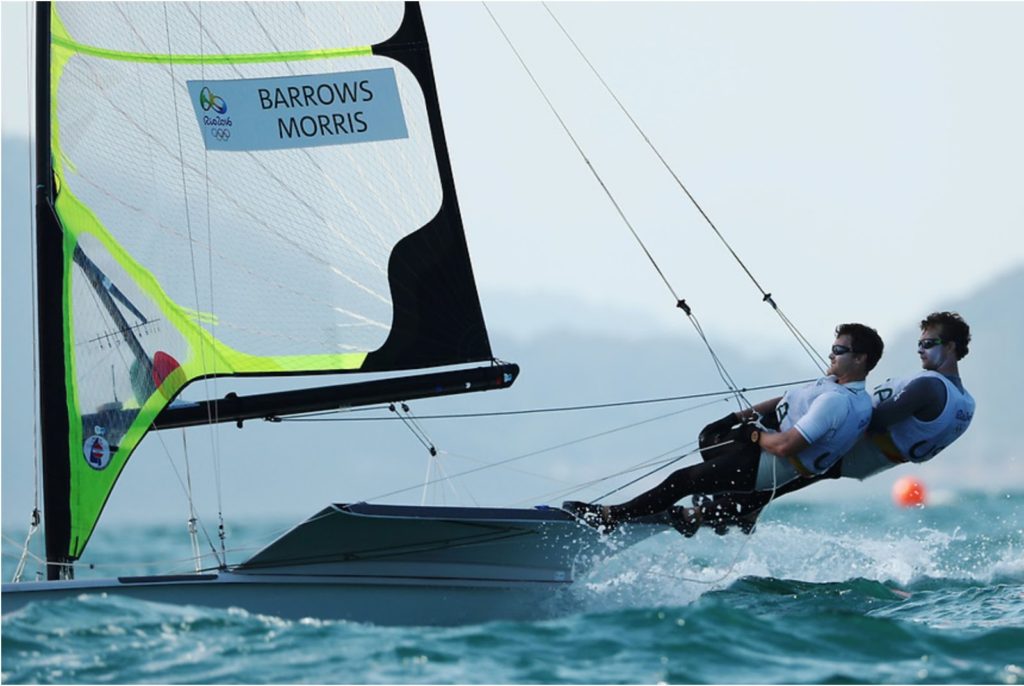 Two sailors lean out over the edge of a racing sailboat on the water, wearing life jackets and sunglasses. The sail displays the names "Barrows" and "Morris" with the Rio 2016 Olympics logo.