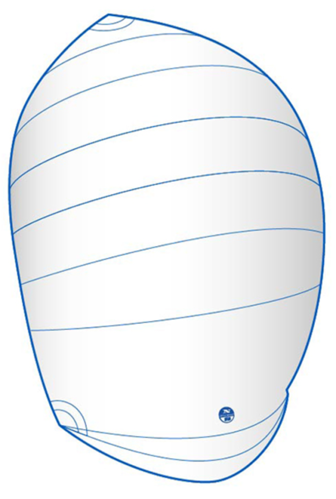 A white sail with blue outlines and curved horizontal seams, shown against a plain background. The sail is rounded and full, likely designed for use on a sailboat.