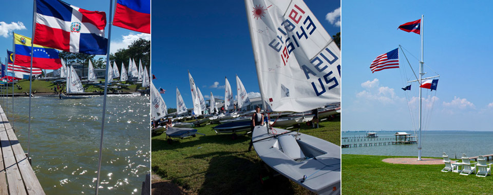 Three photos: boats by a dock with international flags, sailboats with sails up on grass by water, and a flagpole flying U.S., Texas, and other flags near a pier and white chairs by a lake under a blue sky.