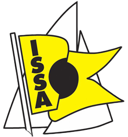 A yellow flag with the black letters "ISSA" arranged vertically and a black circle in the center, overlaid on white sailboat outlines.