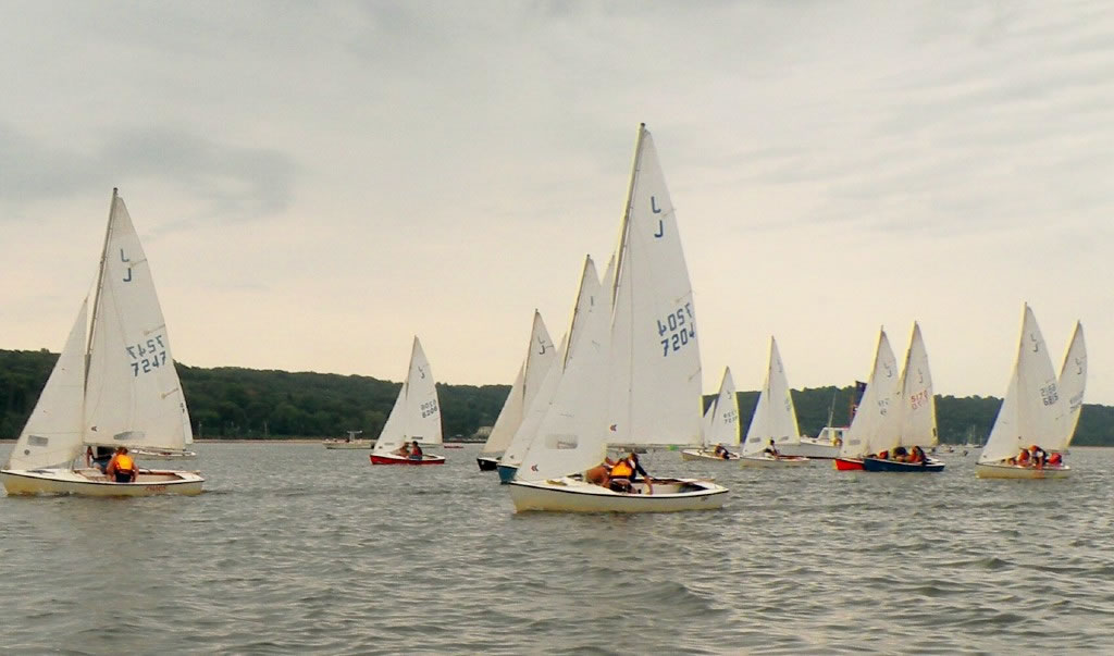 Several small sailboats with white sails race on a lake under a cloudy sky; people wearing life jackets are visible in the boats, and a treeline is seen in the background.