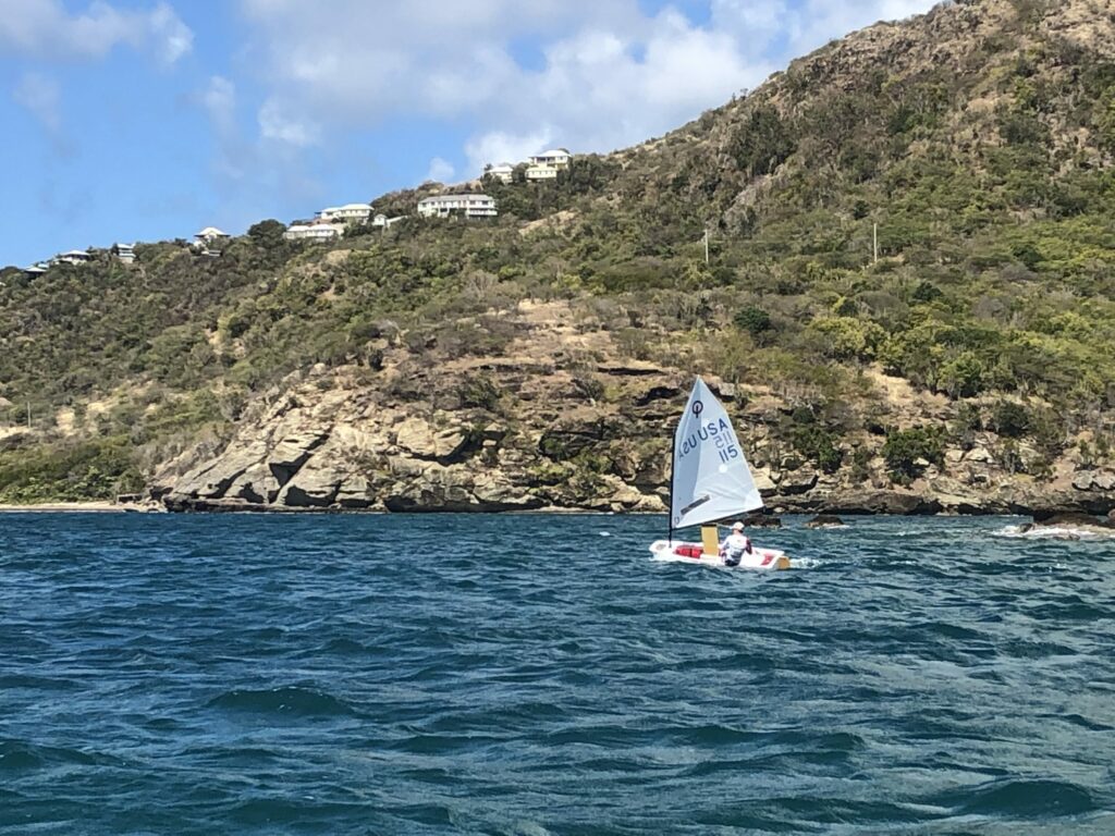 A small sailboat with one person onboard navigates blue ocean waters near a rocky, tree-covered hillside with houses scattered along the top, under a partly cloudy sky.