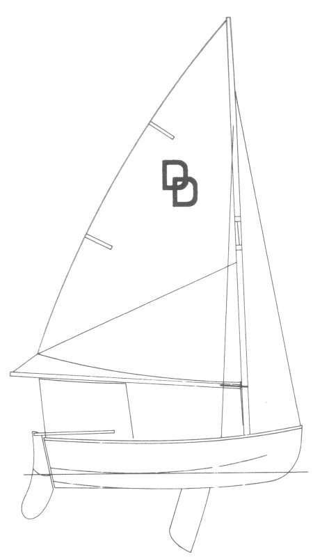 Line drawing of a small sailboat with two sails and a cabin. The main sail displays the letters "DD." The boat has a keel underneath and is shown in profile view, facing right.