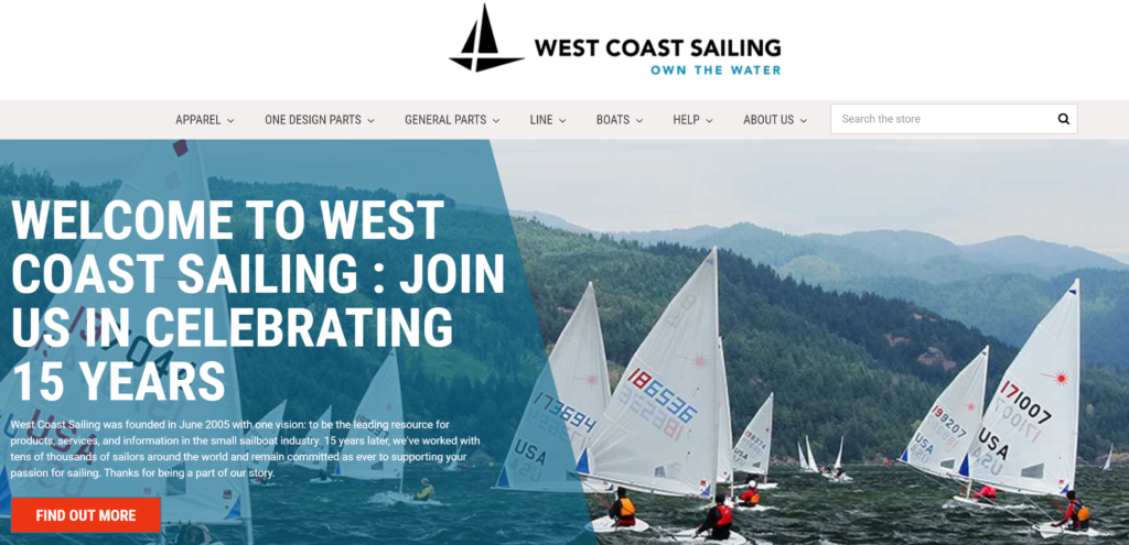 A group of small sailboats with sailors navigate on open water under a cloudy sky. Large bold text welcomes viewers to West Coast Sailing and invites them to celebrate 15 years of operation. The website header is visible at the top.