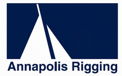 Logo for Annapolis Rigging featuring stylized sailboat sails in white on a navy blue background, with the text 'Annapolis Rigging' in blue beneath the graphic.