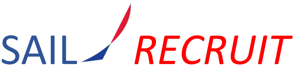 Logo with the word 'SAIL' in blue and 'RECRUIT' in red. Between the words is a stylized sail shape in blue and red, giving the appearance of a sailboat.