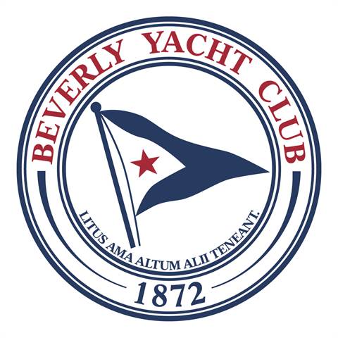Circular logo for Beverly Yacht Club with a blue and white flag featuring a red star in the center. Latin phrase "Litus Ama Altum Alii Teneant." and the year 1872 appear at the bottom.
