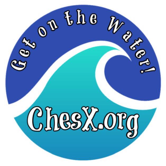 Circular logo with a stylized blue wave. Text around the top reads "Get on the Water!" and the bottom center reads "ChesX.org." The colors transition from blue to teal.