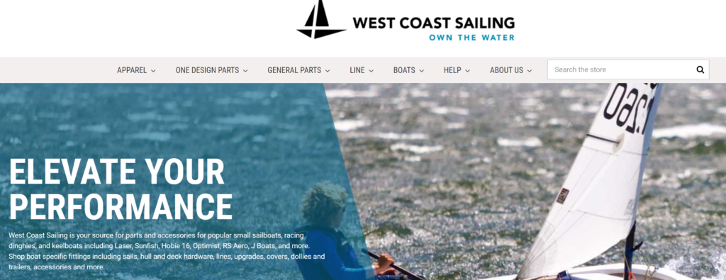 Website banner for West Coast Sailing featuring a sailboat on water, the company logo, navigation menu, and text reading 'Elevate Your Performance' promoting sailing parts and accessories.