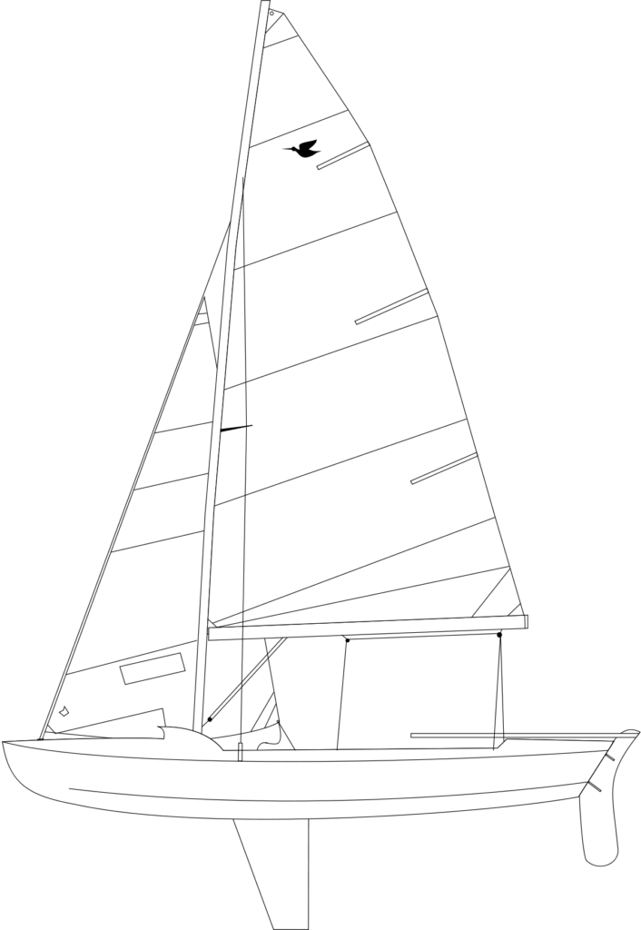 Black and white line drawing of a sailboat with one large sail and a smaller jib sail at the front, showing details of the hull, rudder, and rigging. A bird emblem appears near the top of the main sail.