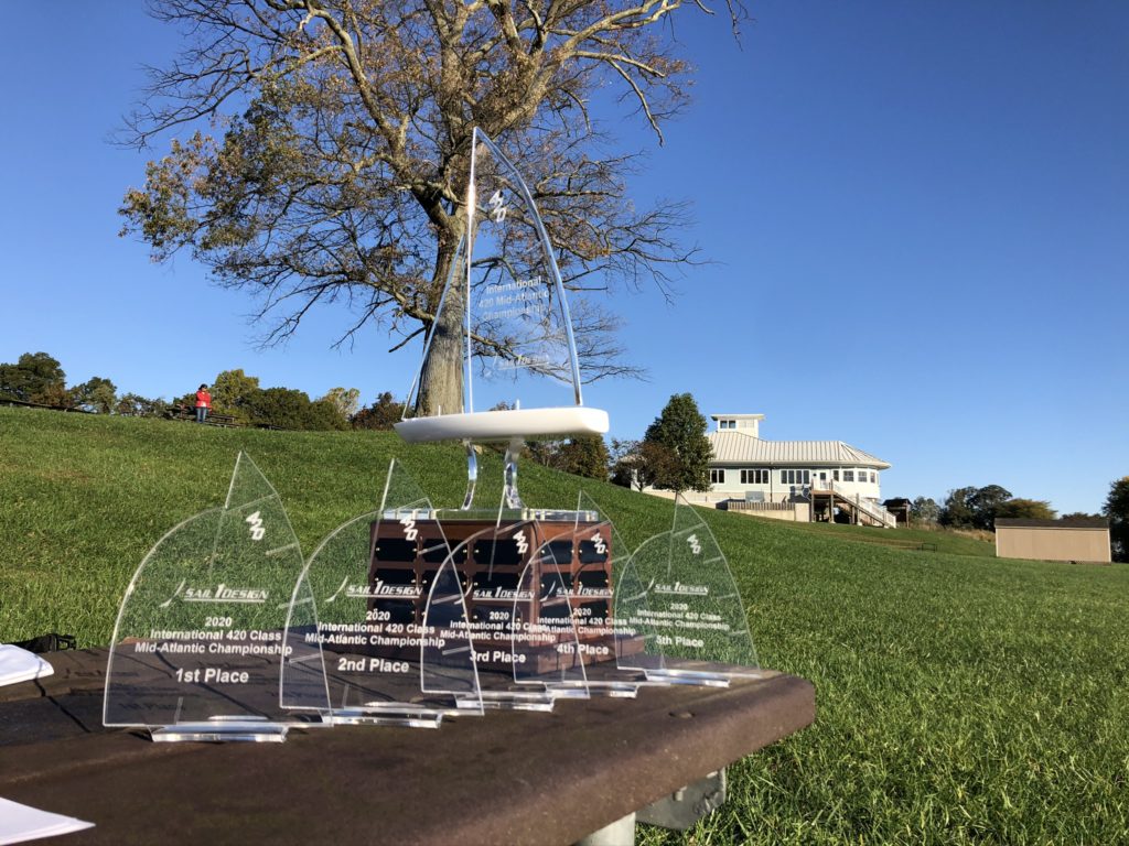 A row of clear sailboat-shaped trophies labeled “1st Place” and “2nd Place” sit on a table outdoors, with a large tree, grassy field, and a white building in the background under a blue sky.