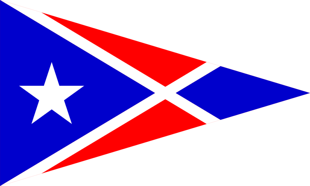 A triangular pennant with a blue and red background divided by white diagonal and horizontal lines, and a white star on the left side in the blue section.