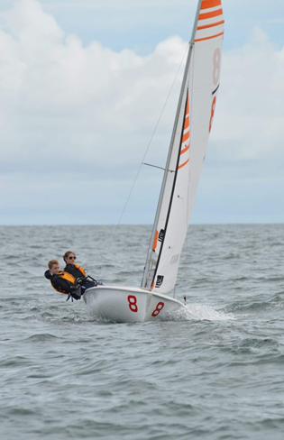 Two people wearing life jackets are sailing a small white sailboat with the number 8 on the sail and hull, leaning out over the water on a cloudy day. The sea is calm with gentle waves.