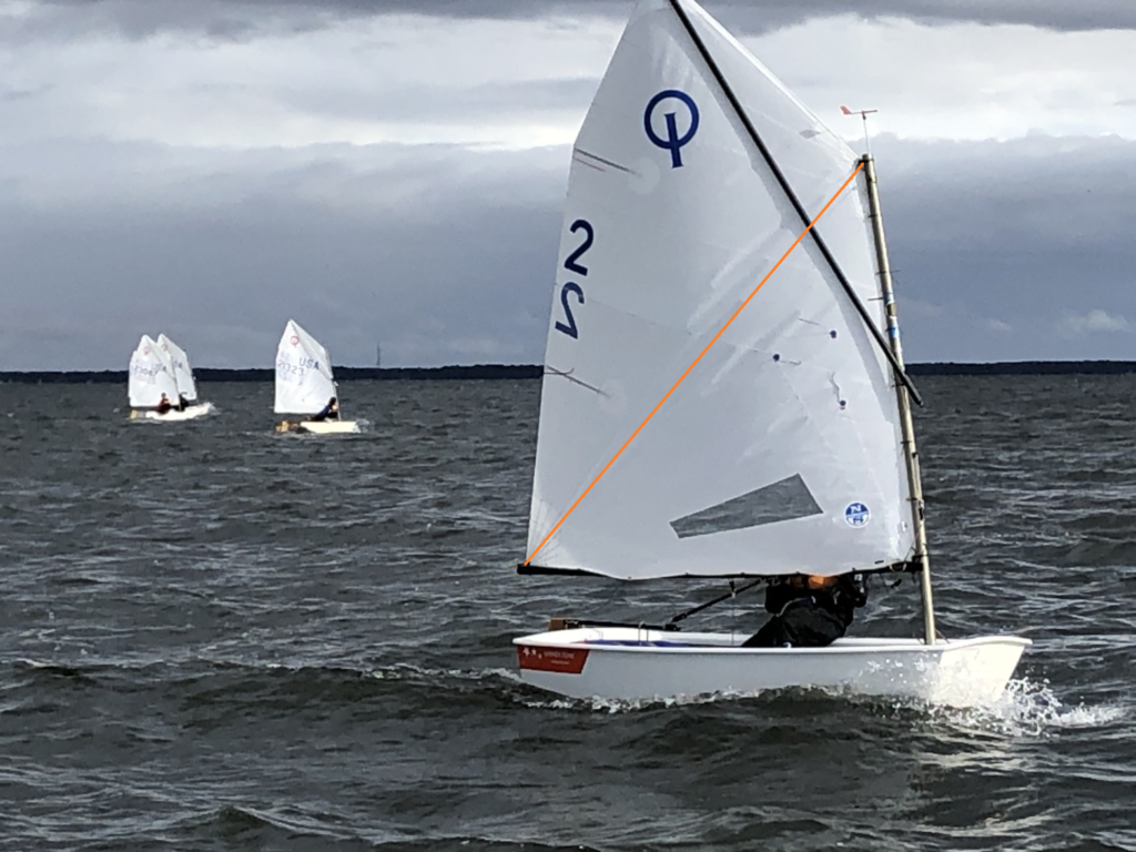 A small sailboat with the number 21 on its sail glides on choppy water, with three other similar sailboats in the distance under a cloudy sky.
