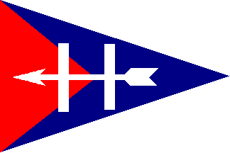 A triangular flag with a green background, a blue horizontal triangle pointing right, a red triangle on the left, and a white arrow with two vertical white bars crossing it near the center.