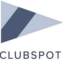 A light blue triangular flag with a dark blue diagonal stripe, above the word "CLUBSPOT" in dark blue capital letters.