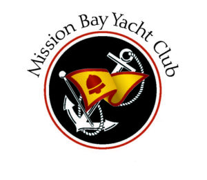 Mission Bay Yacht Club logo featuring a yellow and red flag with a bell, crossed white anchors and rope on a black circular background, surrounded by the club name in black text.
