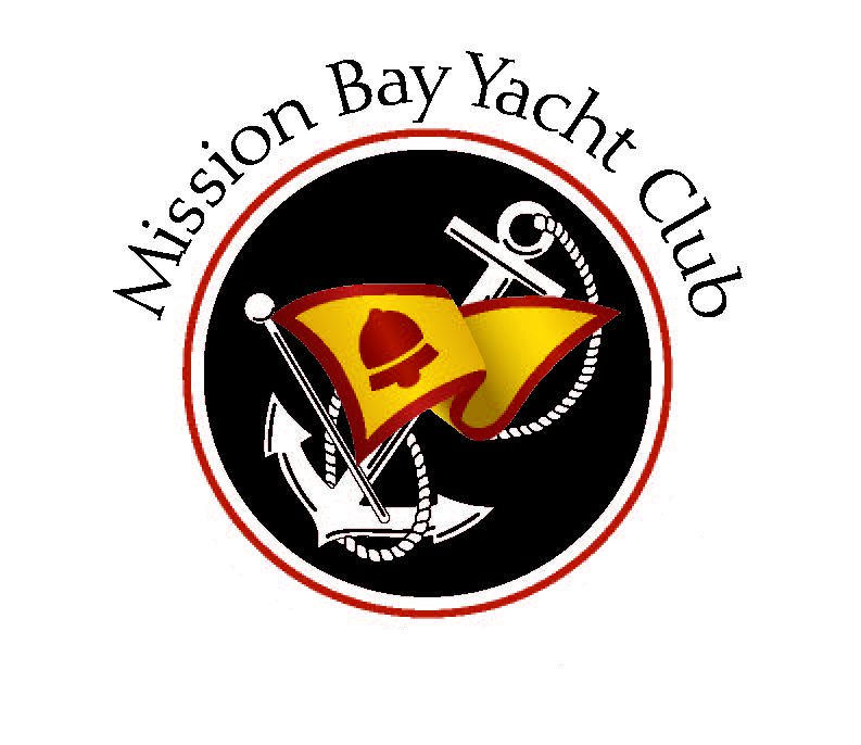 Mission Bay Yacht Club logo featuring a yellow and red flag with a bell, crossed white anchors and rope on a black circular background, surrounded by the club name in black text.