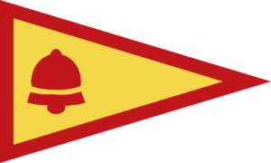 A triangular yellow flag with a red border and a red bell symbol in the center left.
