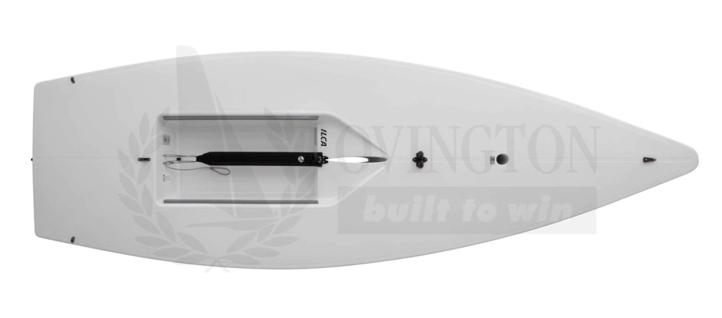 Top-down view of a white ILCA racing dinghy showing the deck, centerboard slot, cockpit, and tiller extension, with minimal fittings and clean, streamlined design.