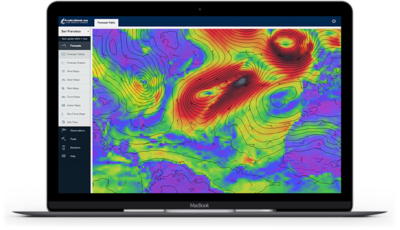 A laptop screen displays a colorful weather map with swirling red, yellow, green, blue, and purple patterns, indicating wind or pressure systems. A sidebar on the left shows various weather data options.