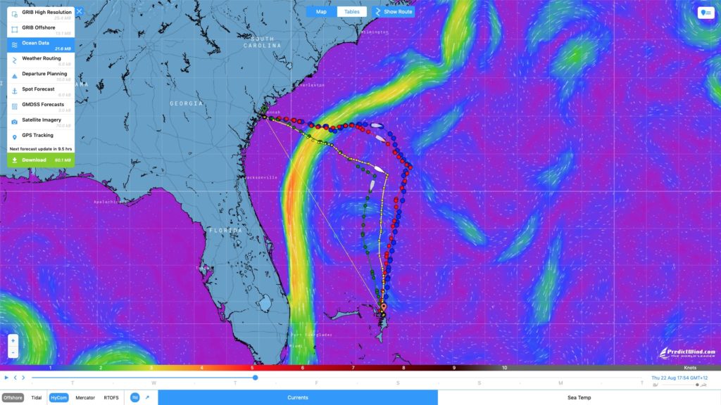 A digital map shows ocean currents off the southeastern U.S. coast. Bright colors indicate current strength and direction. Black and red lines trace a vessel's route departing Florida and looping near the Carolinas.