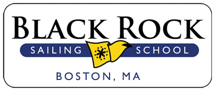 Logo for Black Rock Sailing School in Boston, MA. The text is black and blue, with a yellow nautical flag featuring a black star symbol between the words "Black" and "Rock.