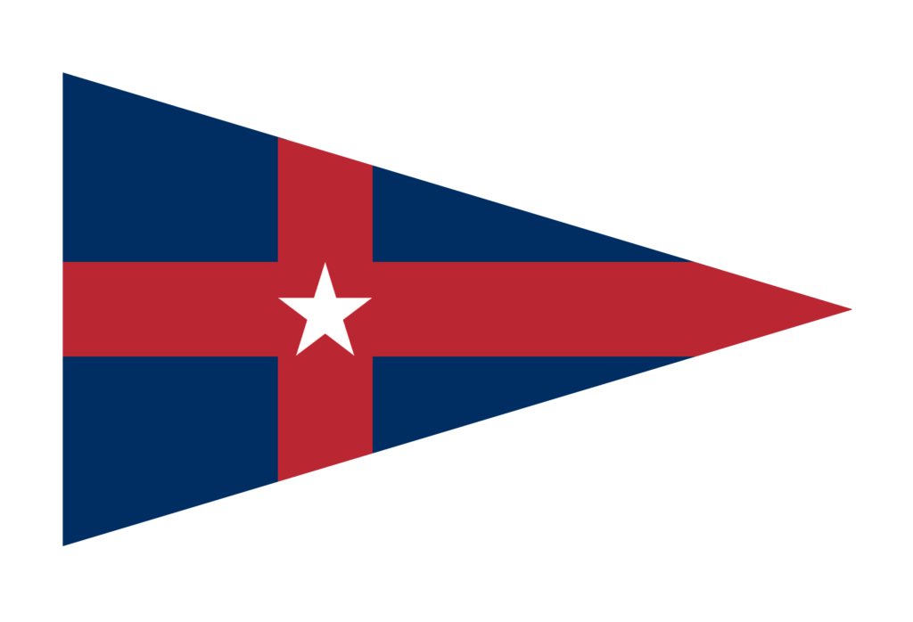 A blue and white pennant-shaped flag with a horizontal red stripe across the center, intersected by a vertical red stripe. A white star is in the center where the stripes cross.