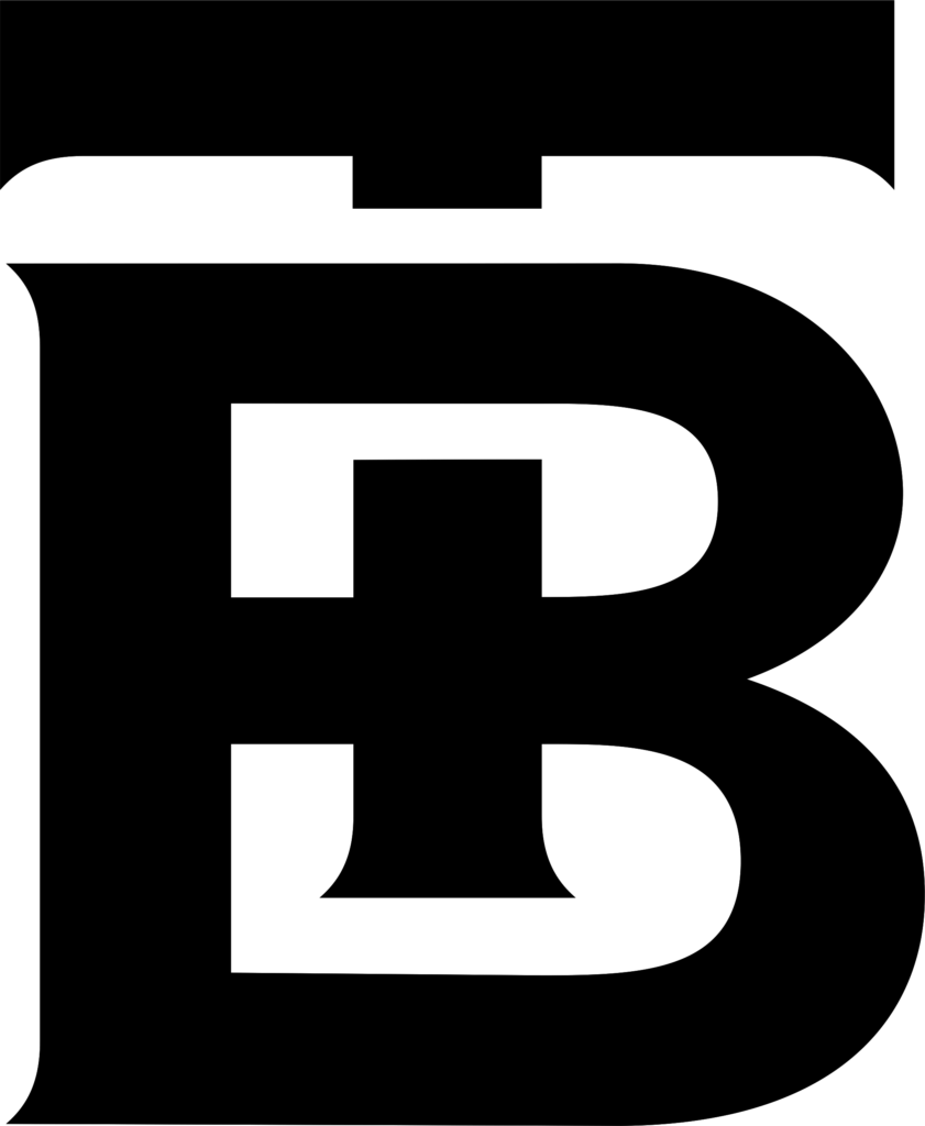 A large, bold, black letter 'B' in a serif typeface is centered on a white background. At the top, the 'B' is partially overlaid by a thick black horizontal bar with two arch-like cutouts.