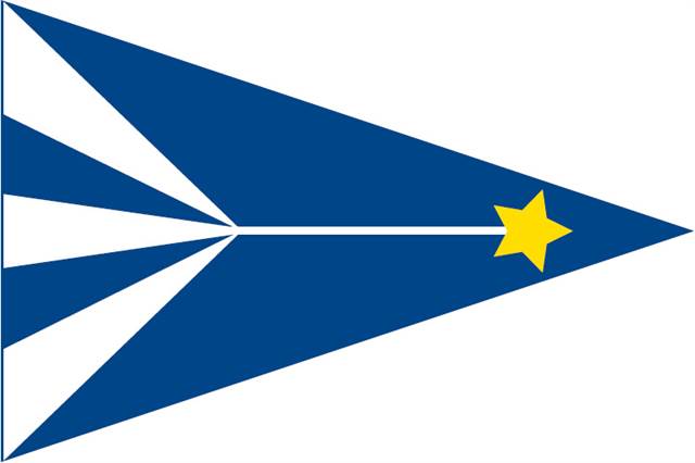 A blue triangular pennant with white triangular shapes on the left side and a yellow star near the pointed right end. A white line runs horizontally through the center.