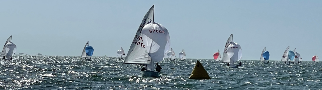 Numerous small sailboats with white sails are racing on a sunny, sparkling sea, with a yellow buoy marking the course. The sky is clear and several boats are visible in the distance.
