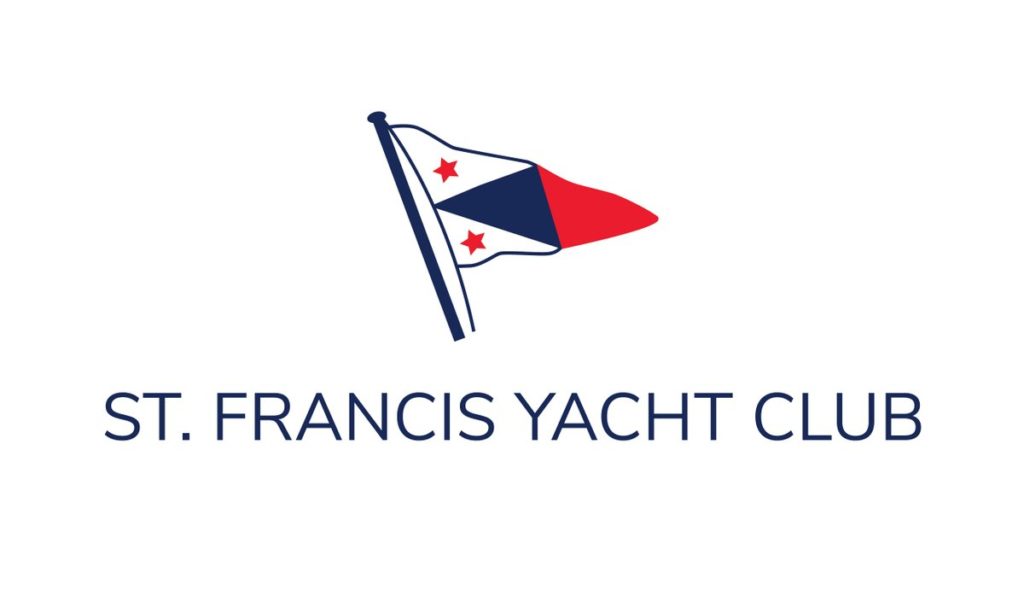 A nautical flag with red, white, and blue sections and two red stars, above the text 'ST. FRANCIS YACHT CLUB' in blue capital letters on a white background.
