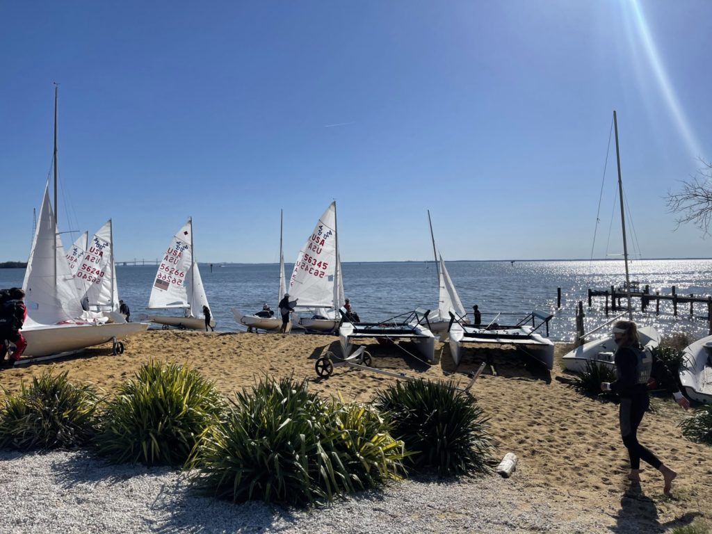 People prepare small sailboats on a sandy beach beside calm, sunlit water. Several sailboats with white sails are on shore or in shallow water, while a few people walk or work near the boats under a clear blue sky.