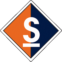 A diamond-shaped logo divided vertically into orange and dark blue halves, featuring a large white letter "S" overlapping a horizontal white line near the bottom.