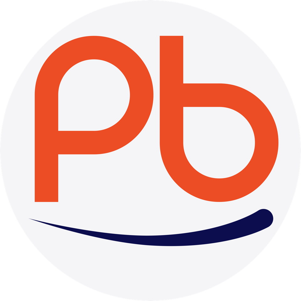 Logo with the lowercase letters "pb" in bold orange font, above a curved dark blue line resembling a smile, all set against a white circular background.