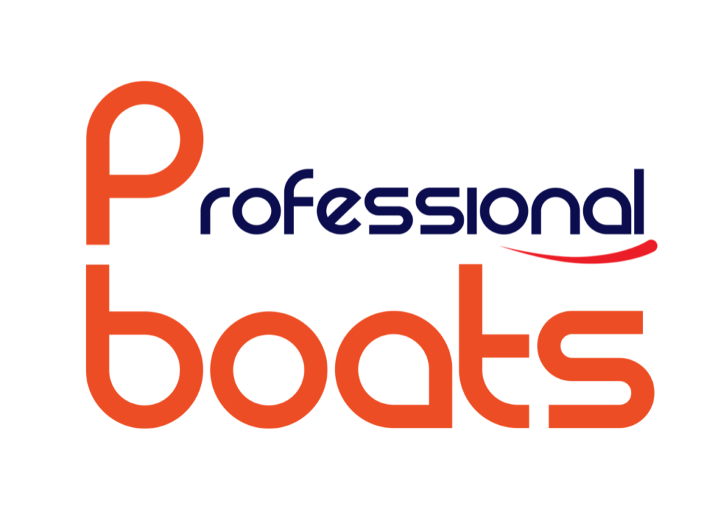 Logo with the words "Professional boats" in stylized fonts. "Professional" is in dark blue with an extended red curve underlining the ending, and "boats" is in bold orange lowercase letters.