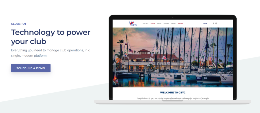 A website screenshot shows a laptop displaying a marina with sailboats in front of a clubhouse. Text on the left reads 'Technology to power your club' and offers a button to schedule a demo.