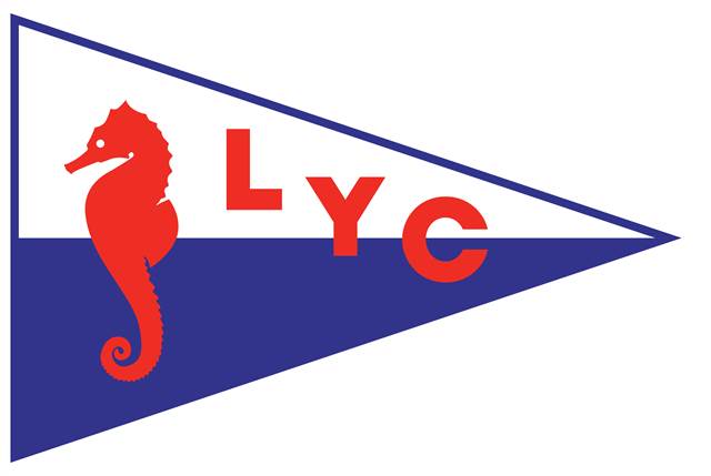 A triangular burgee flag with a white upper half and blue lower half, featuring a red seahorse and the red letters 'LYC' on the white section.