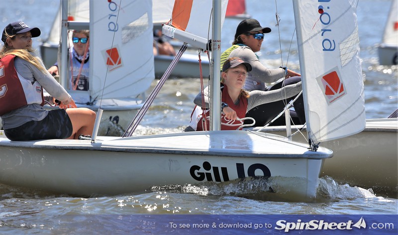 A group of young sailors, wearing life jackets and caps, competes in small sailboats on a sunny day. The boats are close together on the water. The word 'Gill' is visible on one boat.