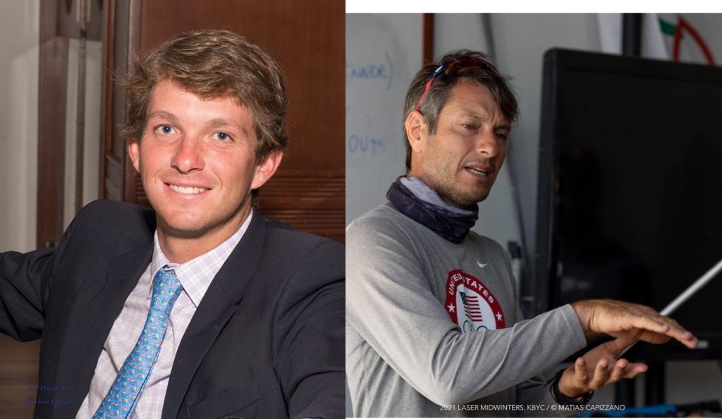 Two men: on the left, a young man with light brown hair in a suit and tie smiling indoors; on the right, an older man wearing sunglasses and a sports shirt, gesturing with his hands while talking, standing in a casual setting.