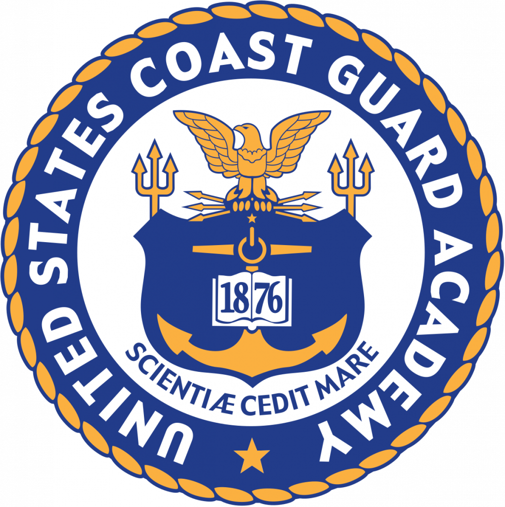 Seal of the United States Coast Guard Academy featuring an eagle, shield, crossed anchors, the year 1876, and the motto 'Scientiæ Cedit Mare' surrounded by a rope border.