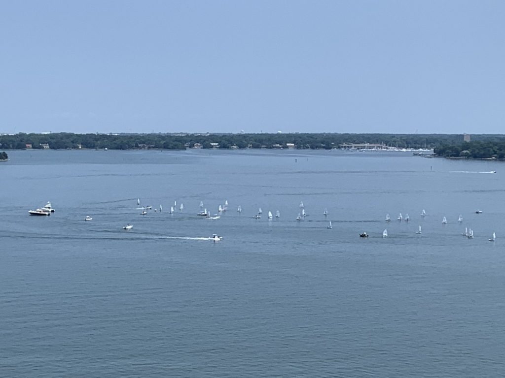 A wide river view with many small sailboats scattered across the water, a few motorboats, and a distant tree-lined shore under a clear sky.