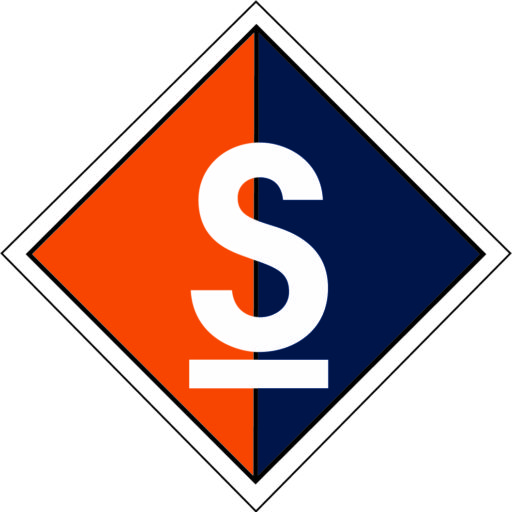 A diamond-shaped logo split vertically; the left half is orange, the right half is dark blue. A large white 'S' sits above a white horizontal line in the center, both overlapping the color split.