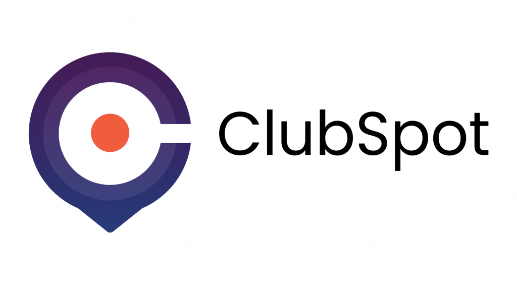 ClubSpot logo featuring a stylized map pin with a circular design in blue and purple shades, an orange dot in the center, and the word 'ClubSpot' in black text to the right.