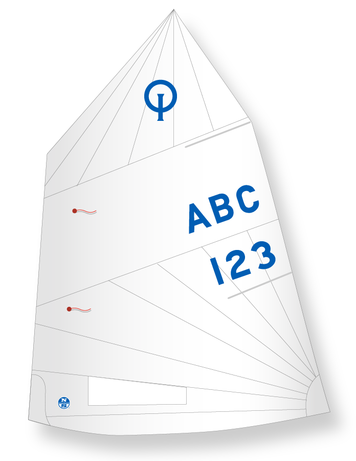 A white sail with blue letters 'ABC' and numbers '123,' featuring a blue circle and square symbol near the top. The sail has red ties and several diagonal seam lines.